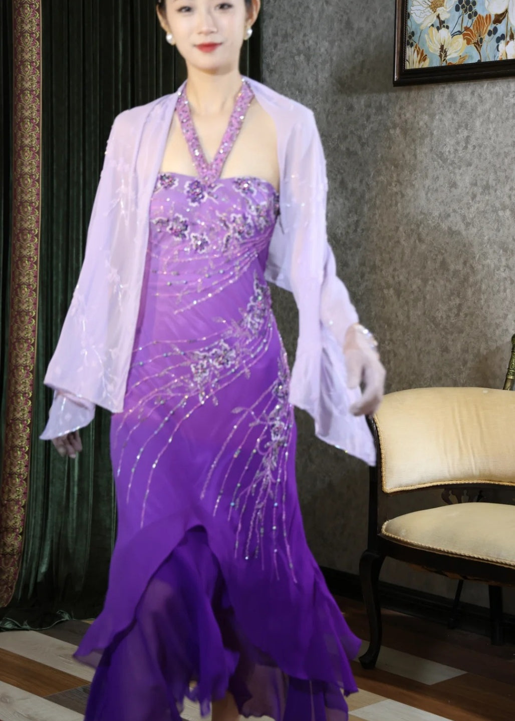 Vintage Sheath Halter Purple Long Prom Dresses Chiffon Sleeveless Purple Birthday Dresses Beaded  Evening Dresses ED05459