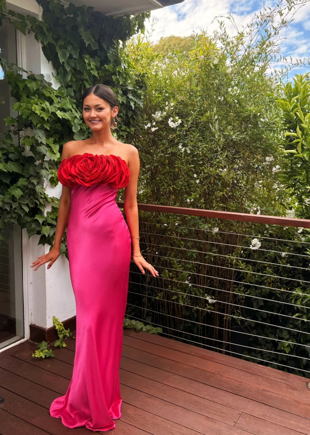 Chic Sheath Hot Pink Long Prom Dresses Tulle Off-shoulder Birthday Dresses  Satin Sleeveless Evening Dresses ED05460