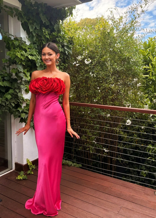 Chic Sheath Hot Pink Long Prom Dresses Tulle Off-shoulder Birthday Dresses  Satin Sleeveless Evening Dresses ED05460