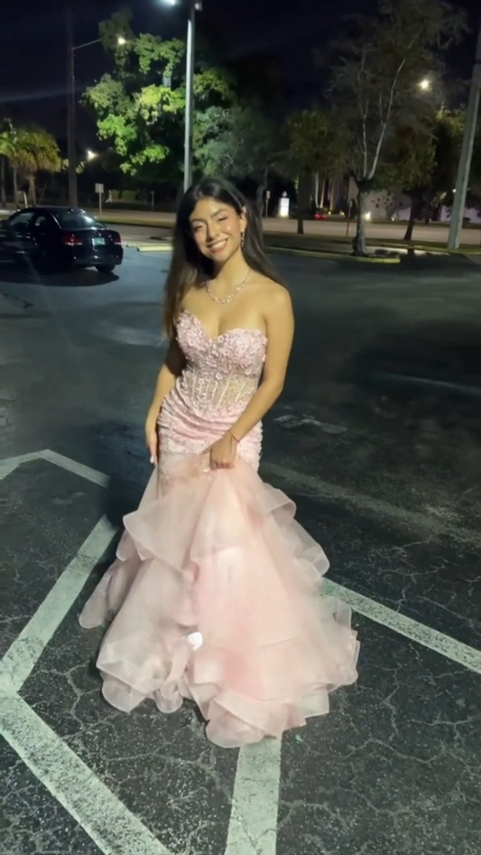 Fashion Mermaid Pink Long Prom Dresses Sweetheart Pink Birthday Dresses Tulle Sleeveless Evening Dresses ED05461