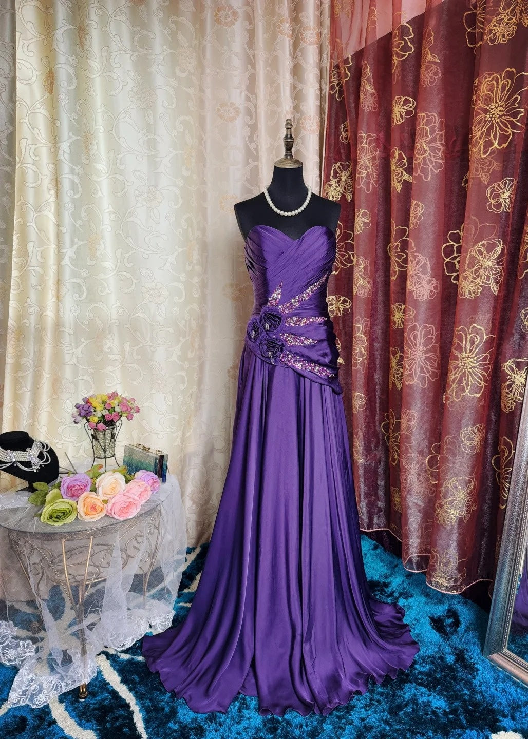 Vintage Sheath Purple Long Prom Dresses Sweetheart Purple Birthday Dresses Satin Sleeveless Evening Dresses ED05462