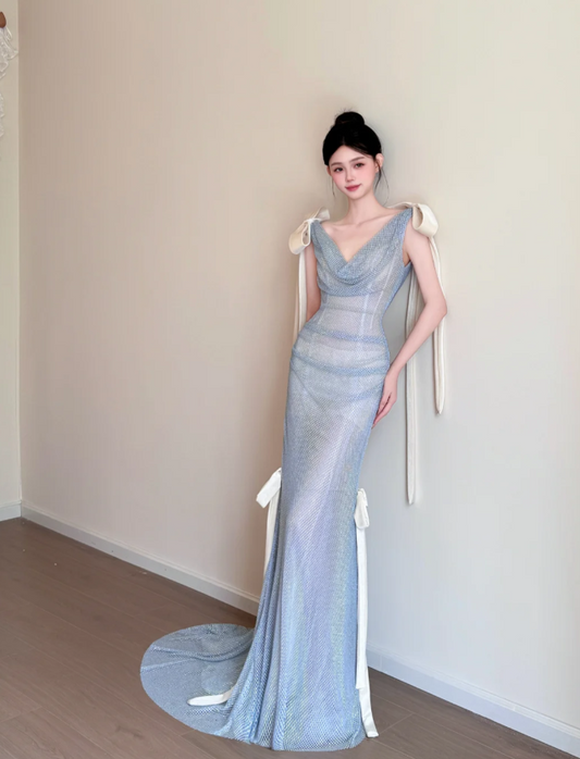 Elegant Mermaid Blue Long Prom Dresses V-neck Blue Birthday Dresses Tulle Sleeveless Evening Dresses ED05463