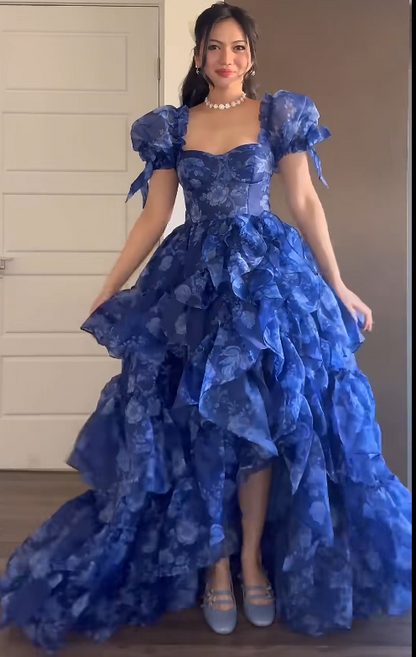 Elegant A-Line Blue Long Prom Dresses Square Neck Blue Formal Dresses Tiered Tulle Evening Dresses ED05464