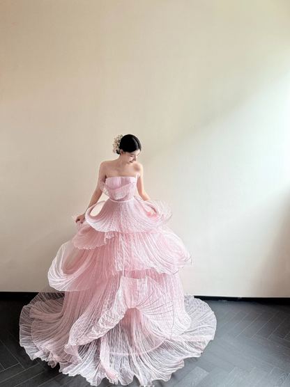 Elegant A-Line Pink Long Prom Dresses Strapless Pink Formal Dresses Tulle Evening Dresses ED05466