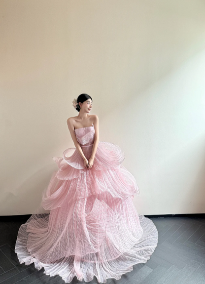 Elegant A-Line Pink Long Prom Dresses Strapless Pink Formal Dresses Tulle Evening Dresses ED05466