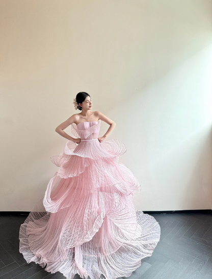 Elegant A-Line Pink Long Prom Dresses Strapless Pink Formal Dresses Tulle Evening Dresses ED05466