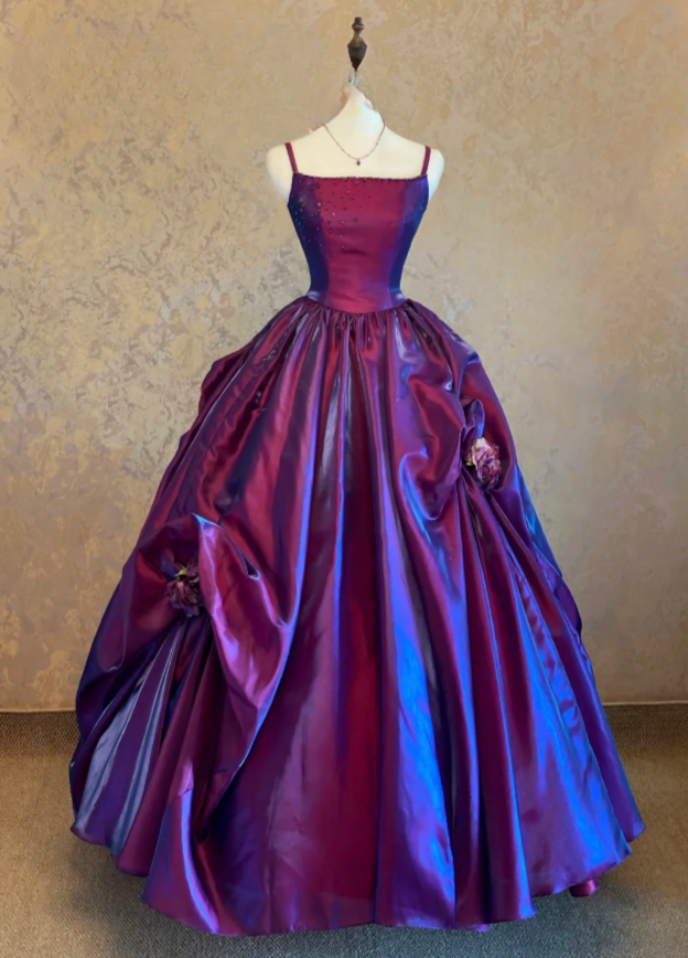 Elegant A-Line Purple Long Prom Dresses Spaghetti Straps Purple  Formal Dresses Satin Evening Dresses ED05467