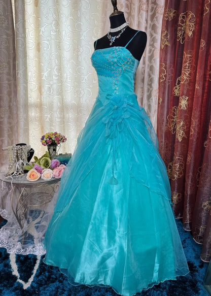 Elegant A-Line Blue Long Prom Dresses Spaghetti Straps Blue Formal Dresses Tulle Sleeveless Evening Dresses ED05468