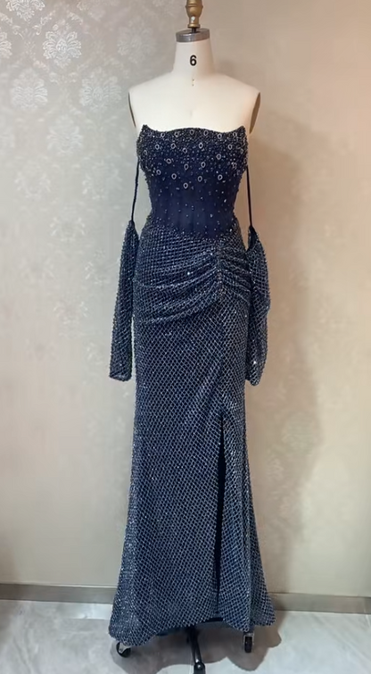 Glam Sheath Long Prom Dresses Strapless Formal Dresses Tulle Sleeveless Evening Dresses ED05469