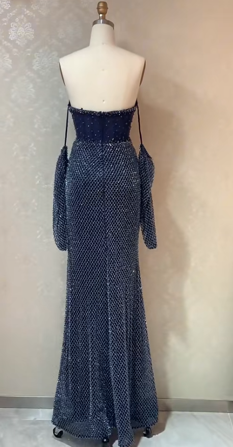 Glam Sheath Long Prom Dresses Strapless Formal Dresses Tulle Sleeveless Evening Dresses ED05469