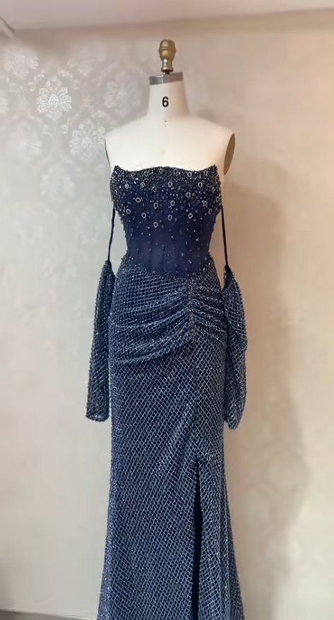 Glam Sheath Long Prom Dresses Strapless Formal Dresses Tulle Sleeveless Evening Dresses ED05469