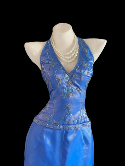 Glam Mermaid Blue Long Prom Dresses Halter Blue Formal Dresses Beaded Satin Sleeveless Evening Dresses ED05471