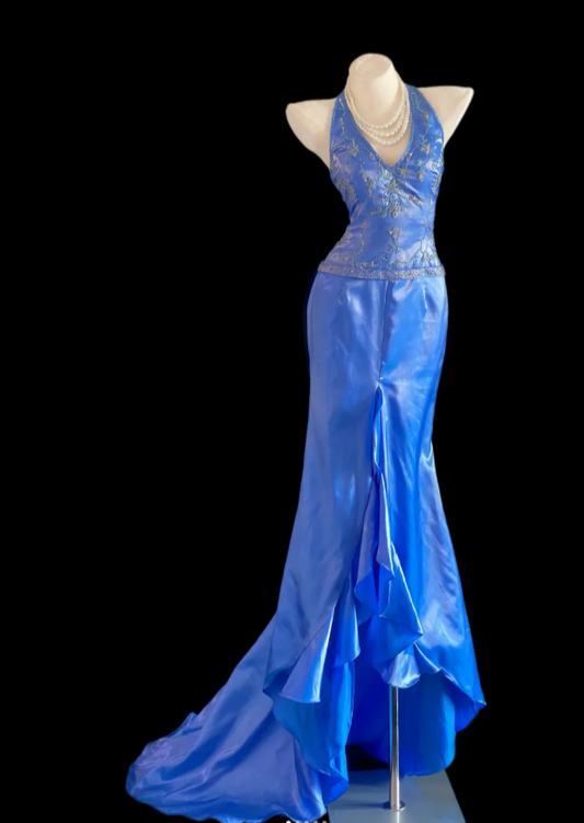 Glam Mermaid Blue Long Prom Dresses Halter Blue Formal Dresses Beaded Satin Sleeveless Evening Dresses ED05471