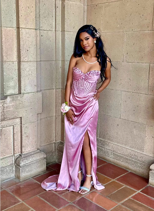 Glam Sheath Pink Long Prom Dresses Sweetheart Pink Formal Dresses Beaded Satin Sleeveless Evening Dresses with Slits ED05472