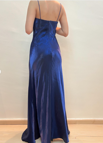 Glam Sheath Navy Blue Long Prom Dresses Spaghetti Straps Navy Blue Formal Dresses Beaded Satin Sleeveless Evening Dresses  ED05473