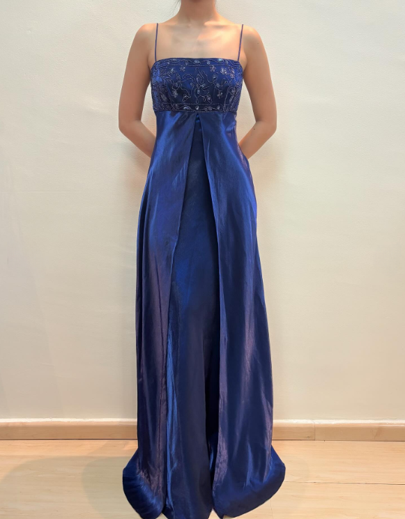Glam Sheath Navy Blue Long Prom Dresses Spaghetti Straps Navy Blue Formal Dresses Beaded Satin Sleeveless Evening Dresses  ED05473