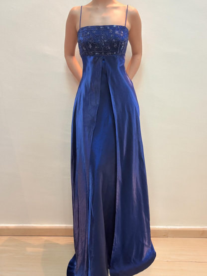 Glam Sheath Navy Blue Long Prom Dresses Spaghetti Straps Navy Blue Formal Dresses Beaded Satin Sleeveless Evening Dresses  ED05473