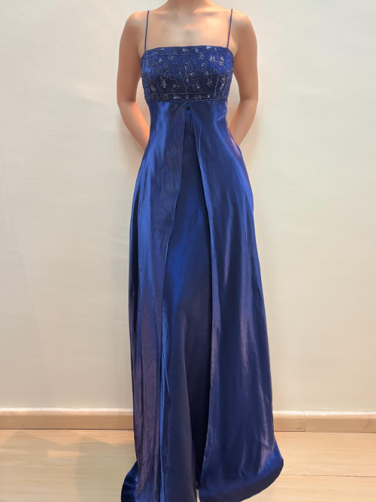 Glam Sheath Navy Blue Long Prom Dresses Spaghetti Straps Navy Blue Formal Dresses Beaded Satin Sleeveless Evening Dresses  ED05473