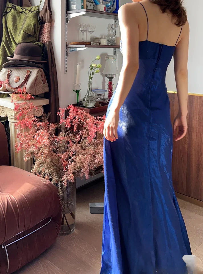 Chic A-Line Blue Long Prom Dresses Spaghetti Straps Blue Formal Dresses Beaded Sleeveless Evening Dresses ED05475
