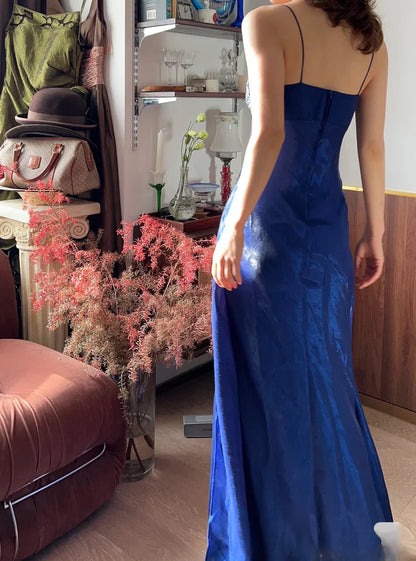 Chic A-Line Blue Long Prom Dresses Spaghetti Straps Blue Formal Dresses Beaded Sleeveless Evening Dresses ED05475