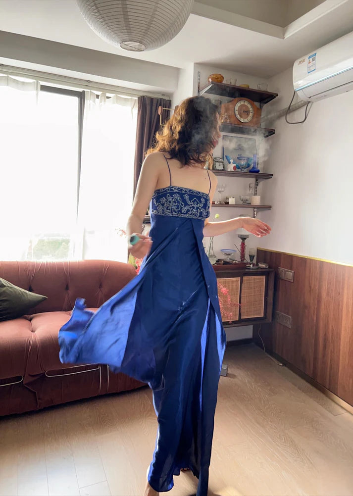Chic A-Line Blue Long Prom Dresses Spaghetti Straps Blue Formal Dresses Beaded Sleeveless Evening Dresses ED05475