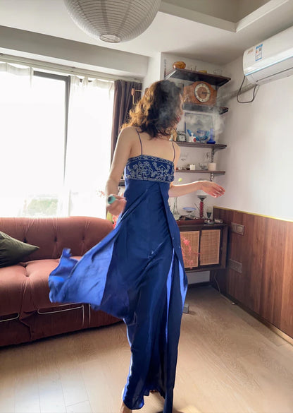 Chic A-Line Blue Long Prom Dresses Spaghetti Straps Blue Formal Dresses Beaded Sleeveless Evening Dresses ED05475