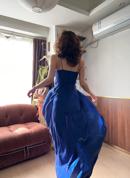 Chic A-Line Blue Long Prom Dresses Spaghetti Straps Blue Formal Dresses Beaded Sleeveless Evening Dresses ED05475