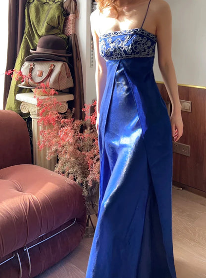 Chic A-Line Blue Long Prom Dresses Spaghetti Straps Blue Formal Dresses Beaded Sleeveless Evening Dresses ED05475