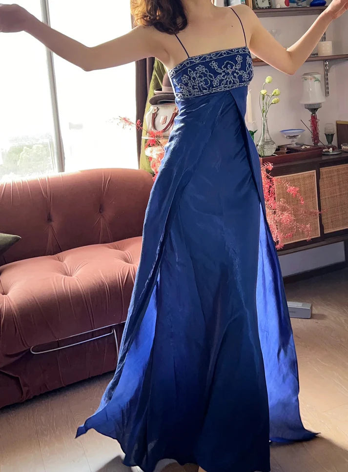 Chic A-Line Blue Long Prom Dresses Spaghetti Straps Blue Formal Dresses Beaded Sleeveless Evening Dresses ED05475