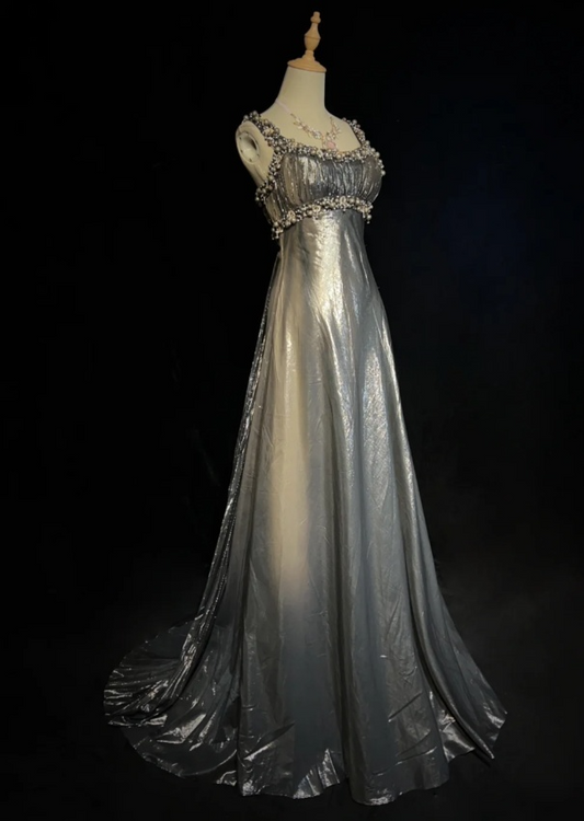 Chic A-Line Silver Grey Long Prom Dresses Straps Silver Grey Formal Dresses Beaded Satin Evening Dresses  ED05476