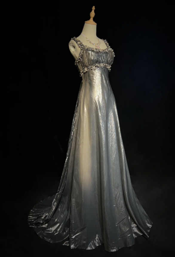 Chic A-Line Silver Grey Long Prom Dresses Straps Silver Grey Formal Dresses Beaded Satin Evening Dresses  ED05476