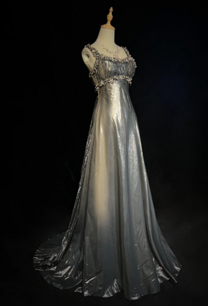 Chic A-Line Silver Grey Long Prom Dresses Straps Silver Grey Formal Dresses Beaded Satin Evening Dresses  ED05476