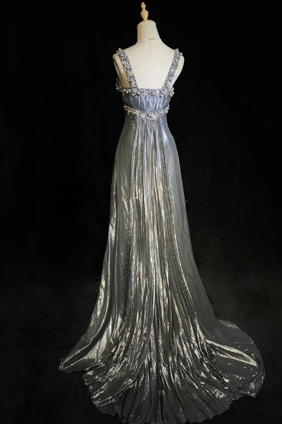 Chic A-Line Silver Grey Long Prom Dresses Straps Silver Grey Formal Dresses Beaded Satin Evening Dresses  ED05476