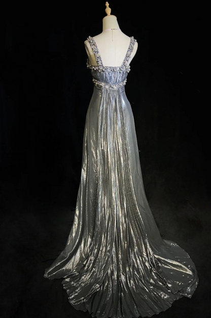 Chic A-Line Silver Grey Long Prom Dresses Straps Silver Grey Formal Dresses Beaded Satin Evening Dresses  ED05476