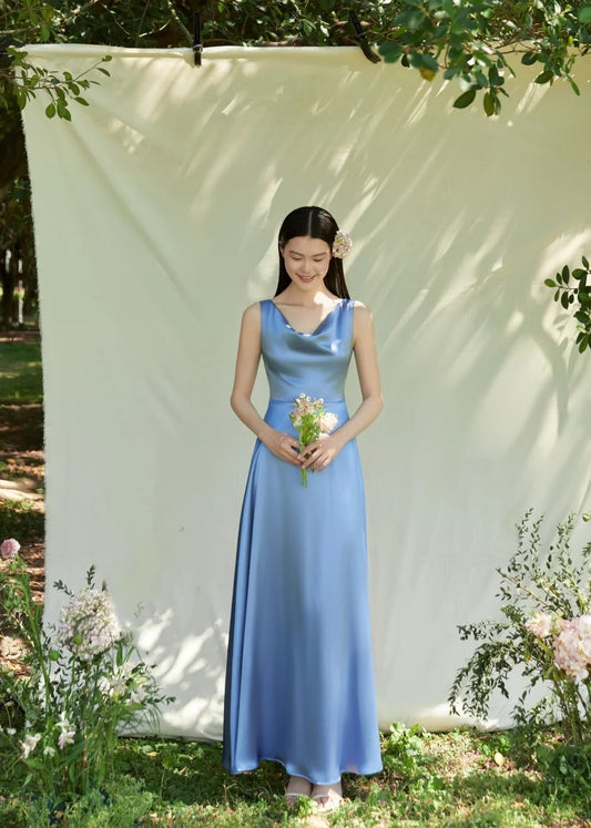 Elegant Sheath Blue Bridesmaid Dresses Satin  Sleeveless Evening Dresses ED05481