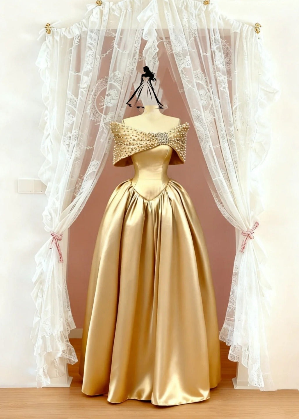 Elegant Sheath Gold Wedding Guest Dresses Satin Off-shoulder Gold Evening Dresses ED05484
