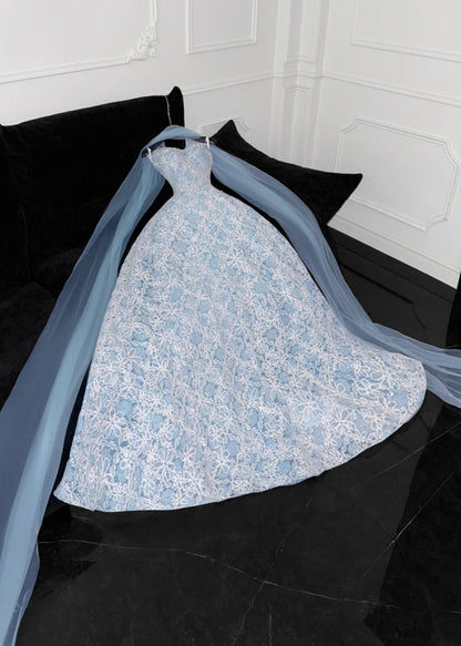 Elegant A-Line Blue Long Prom Dresses Lace Strapless Evening Dresses Sleeveless Blue Party Dresses ED05486