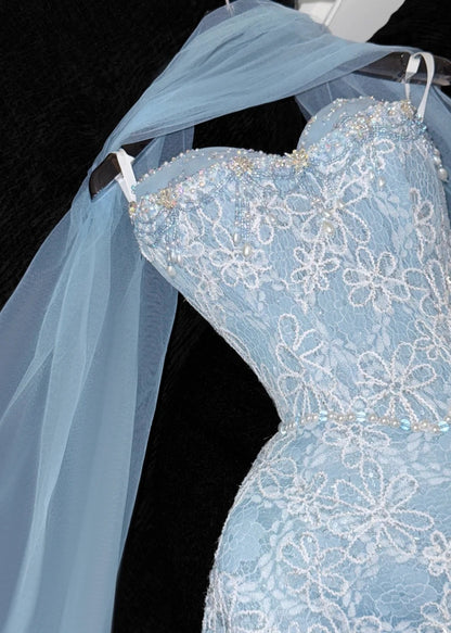 Elegant A-Line Blue Long Prom Dresses Lace Strapless Evening Dresses Sleeveless Blue Party Dresses ED05486