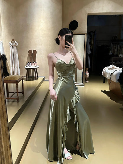 Sexy A-Line Green Long Prom Dresses Satin Spaghetti Straps Evening Dresses Sleeveless Green Party Dresses ED05487