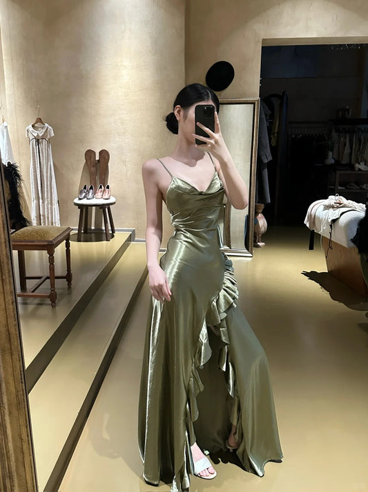 Sexy A-Line Green Long Prom Dresses Satin Spaghetti Straps Evening Dresses Sleeveless Green Party Dresses ED05487