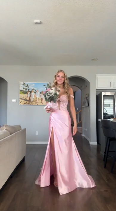 Sexy Sheath Pink Long Prom Dresses Satin Off-shoulder Evening Dresses Pink Party Dresses ED05488