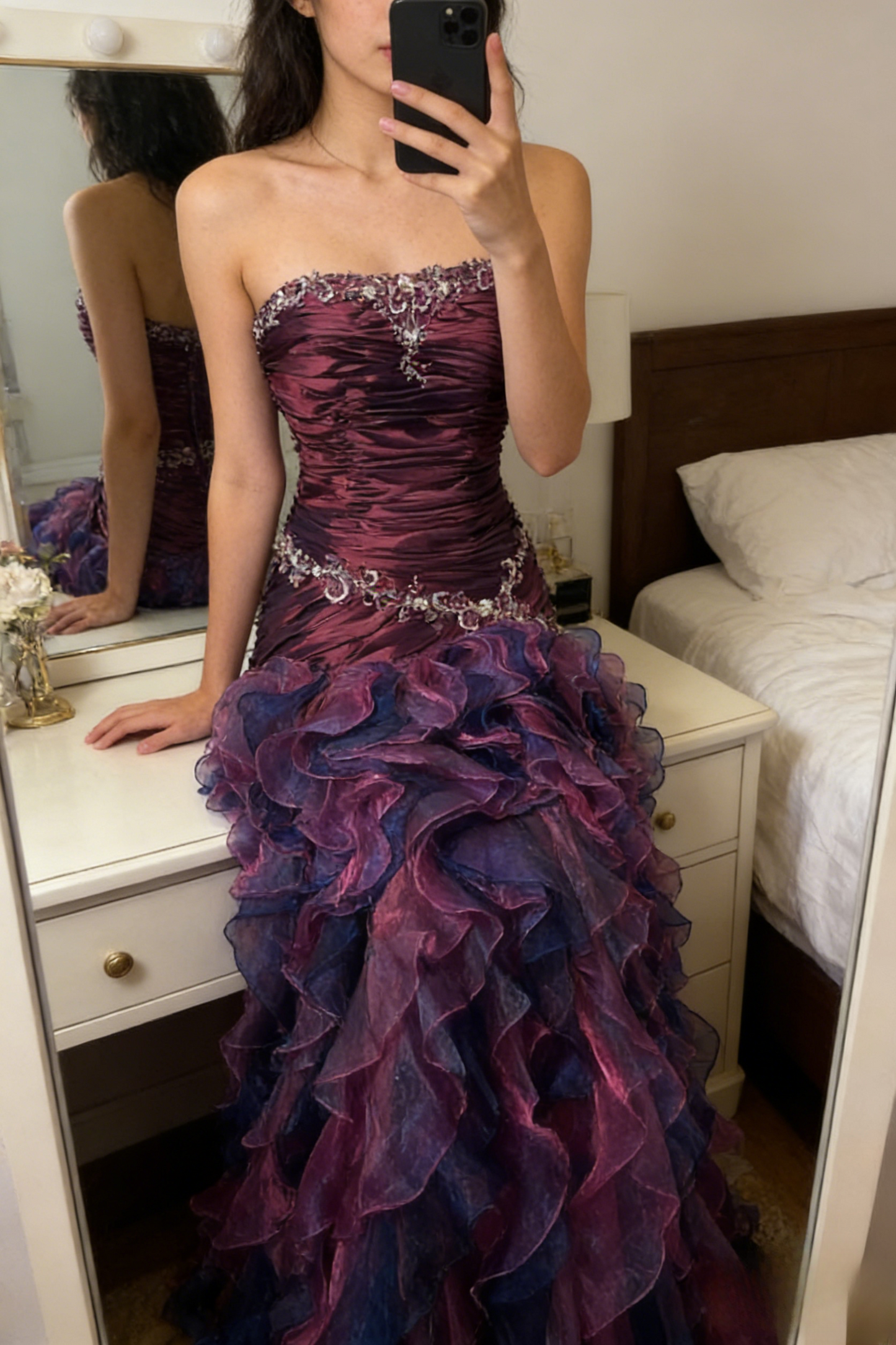 Vintage Sheath Grape Long Prom Dresses Tiered Tulle Strapless Quinceanera Dresses Sweet 16 Dresses ED05490