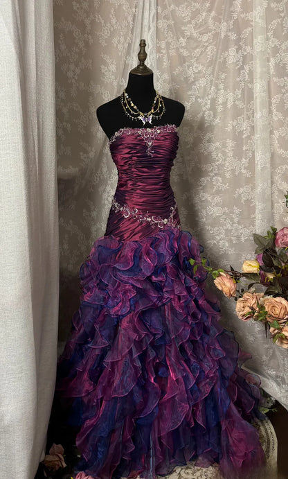 Vintage Sheath Grape Long Prom Dresses Tiered Tulle Strapless Quinceanera Dresses Sweet 16 Dresses ED05490