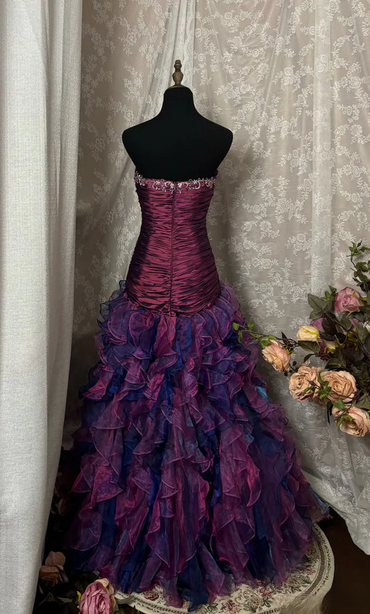 Vintage Sheath Grape Long Prom Dresses Tiered Tulle Strapless Quinceanera Dresses Sweet 16 Dresses ED05490