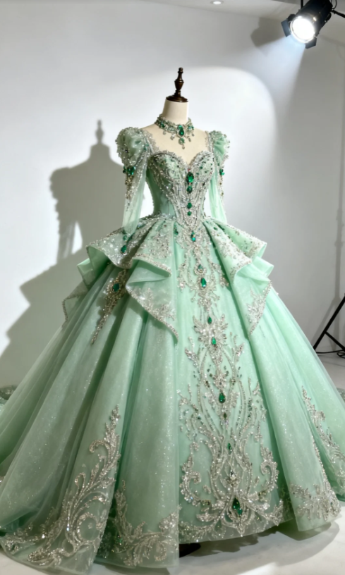 Fairy A-Line Green Long Prom Dresses Diamonds Tulle Sweetheart Quinceanera Dresses Green Sweet 16 Dresses ED05491