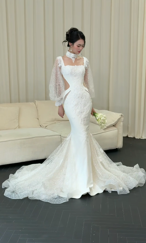 Luxury Mermaid Long Wedding Dresses Tulle Beaded White Bridal Gowns Sleeves Bridal Dresses ED05493