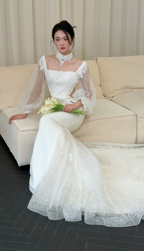 Luxury Mermaid Long Wedding Dresses Tulle Beaded White Bridal Gowns Sleeves Bridal Dresses ED05493