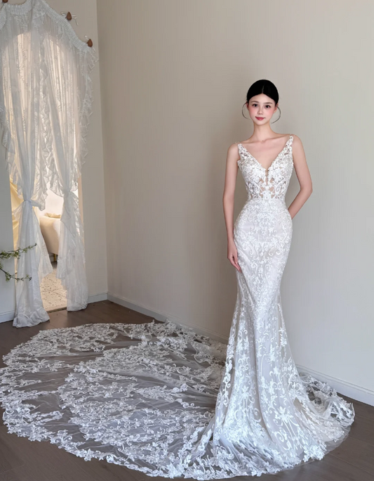 Timeless V-Neck Mermaid Long Wedding Dresses Tulle Appliques White Bridal Gowns Sleeveless Bridal Dresses ED05495