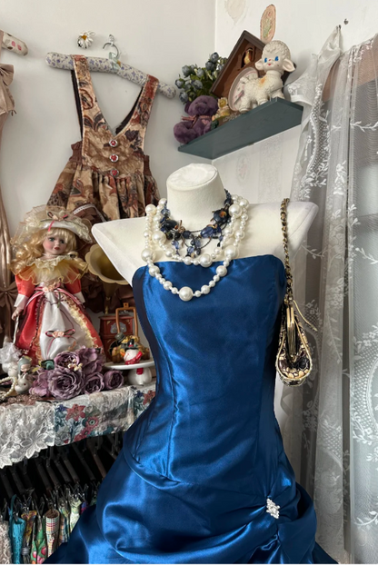 Vintage Sheath Blue Short Prom Dresses  Satin Strapless Birthday Dresses Sleeveless Party Dresses ED05499