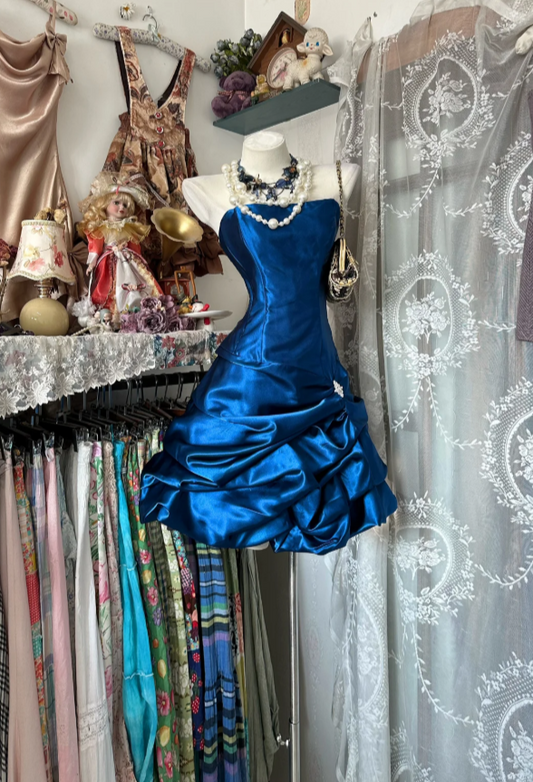 Vintage Sheath Blue Short Prom Dresses  Satin Strapless Birthday Dresses Sleeveless Party Dresses ED05499